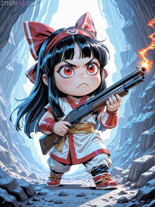 Chibi Nakoruru holding a shotgun in a snowy canyon