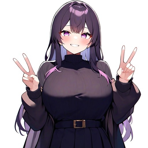 Smiling anime girl with long dark purple hair and purple eyes wearing a black turtleneck sweater dress and making double peace signs.