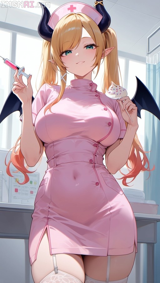 Yuzuki Choco dressed as a nurse with horns holding a syringe and ice cream.