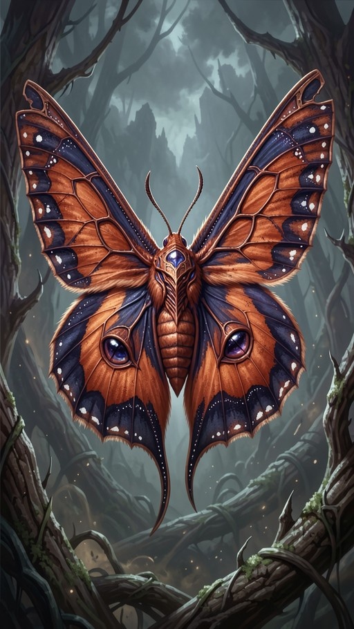 A large fantasy moth with orange and dark blue wings featuring prominent purple eyespots on its lower wings and a third eye on its forehead, set against a backdrop of twisted trees in a misty forest.