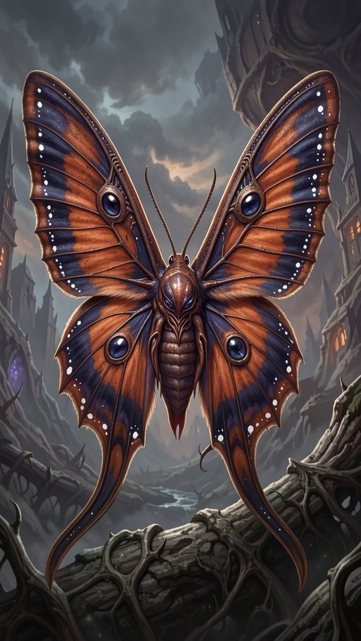 A large fantasy moth with orange and blue wings and multiple glowing eyes hovers over a dark, gothic landscape with twisted roots.