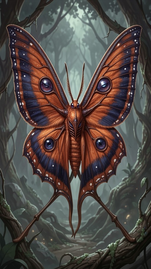 A large orange and blue moth with prominent eye spots on its wings rests on a mossy branch in a misty forest.