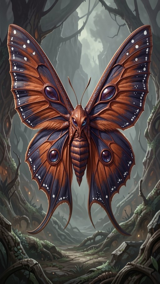 A large brown and blue fantasy moth with prominent eye spots on its wings hovers in a misty forest.