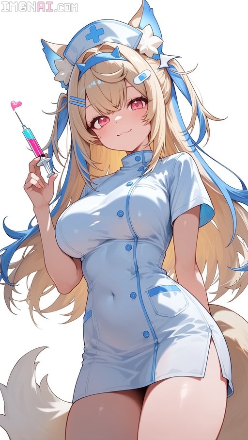 Anime-style illustration of Fuwawa Abyssgard wearing a light blue nurse uniform and cap with dog ears, holding a syringe with pink liquid and a heart on the end while smiling at the viewer.