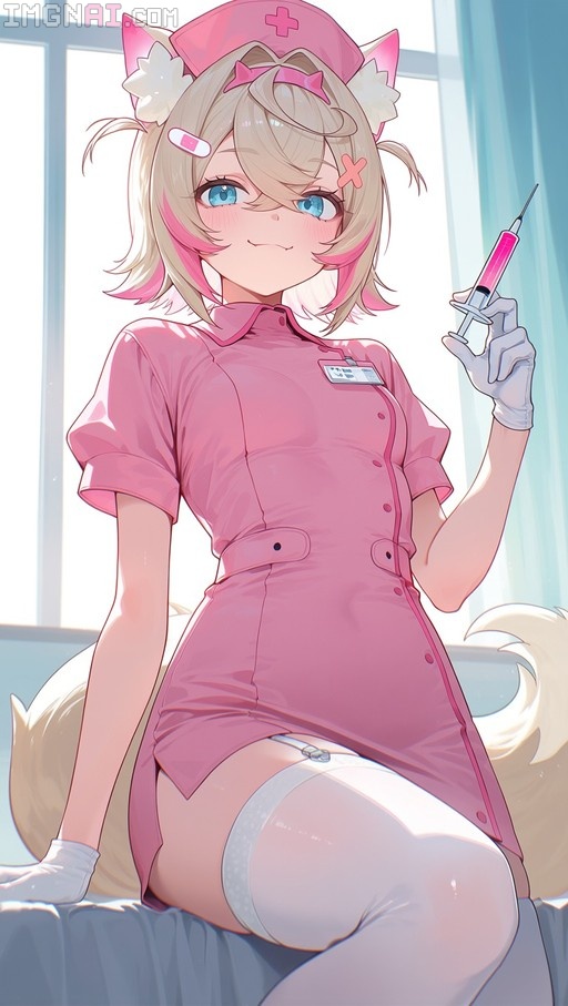 Mococo Abyssgard in a pink nurse costume holding a syringe.