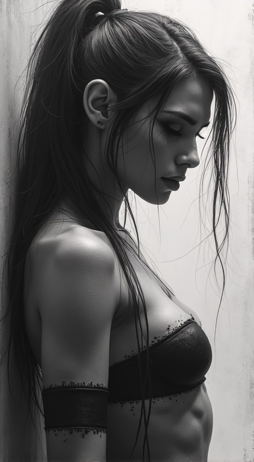 A realistic black-and-white portrait of a young woman with long hair in a ponytail, wearing a black bra and an armband, looking down with her eyes closed against a textured wall.
