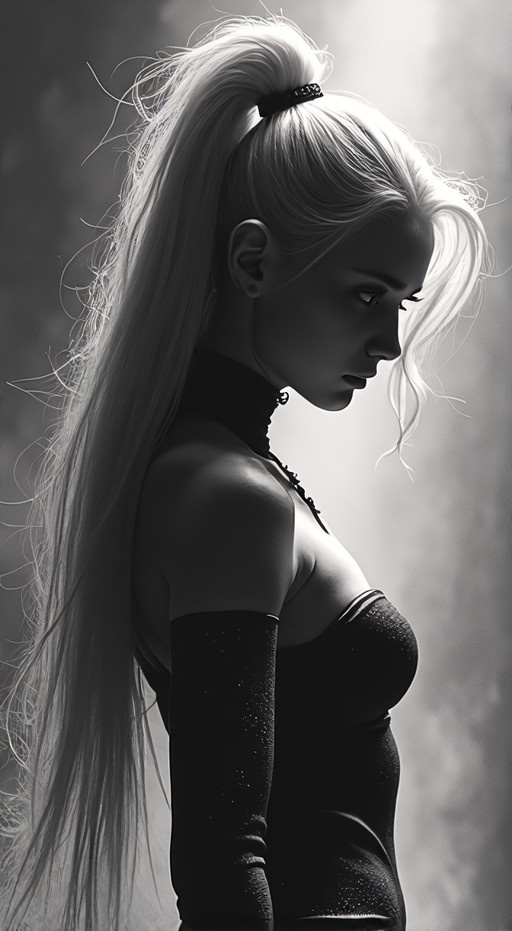 A side view of a young woman with long light hair in a high ponytail, wearing a dark sleeveless top and elbow gloves, looking down in a monochrome portrait.