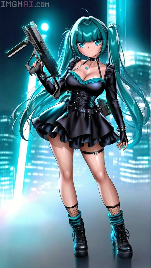 Hatsune Miku with long teal twin-tails wearing a black bodice and skirt, holding a large submachine gun in front of a neon city background.