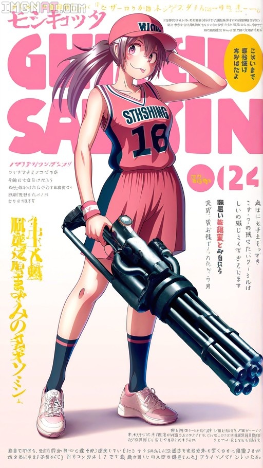 Anime-style female character in a pink baseball cap and basketball jersey holding a large minigun on a magazine cover background.