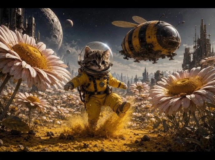 A black and white animated clip of a cat in an astronaut suit and helmet looking at the camera while standing in a field of flowers under a moonlit starry sky.
