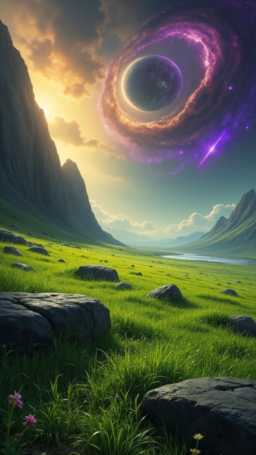 A lush green valley with rocks and flowers under a sky featuring a large planet surrounded by a swirling purple nebula and a shooting star.