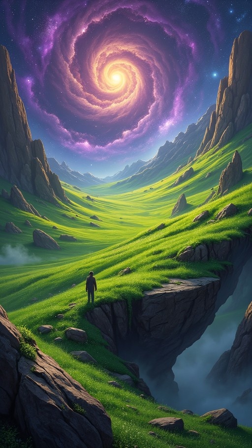 A person stands on a rocky cliff edge looking out at a green valley under a large swirling purple galaxy in the night sky.