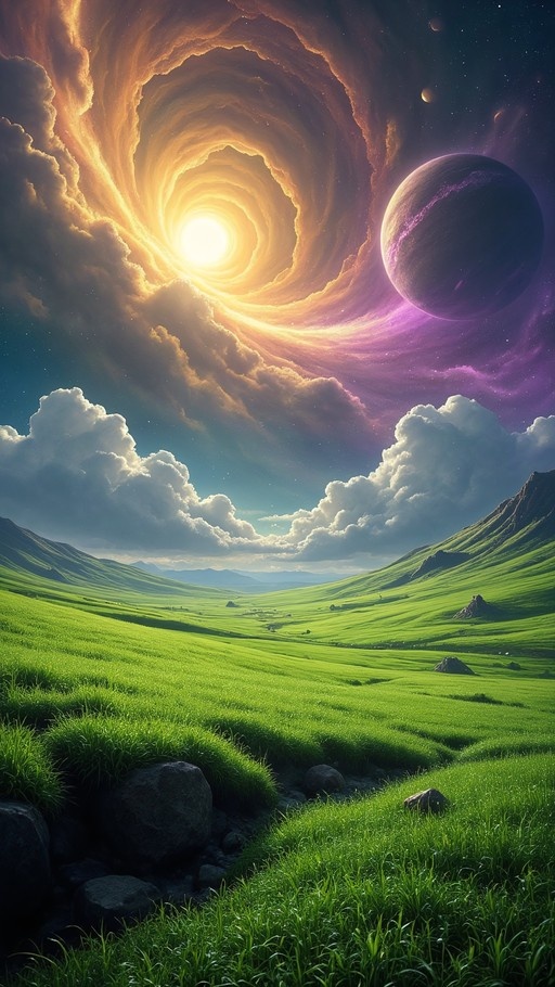 A lush green valley with rolling hills under a dramatic sky featuring a swirling golden vortex and a large purple planet.