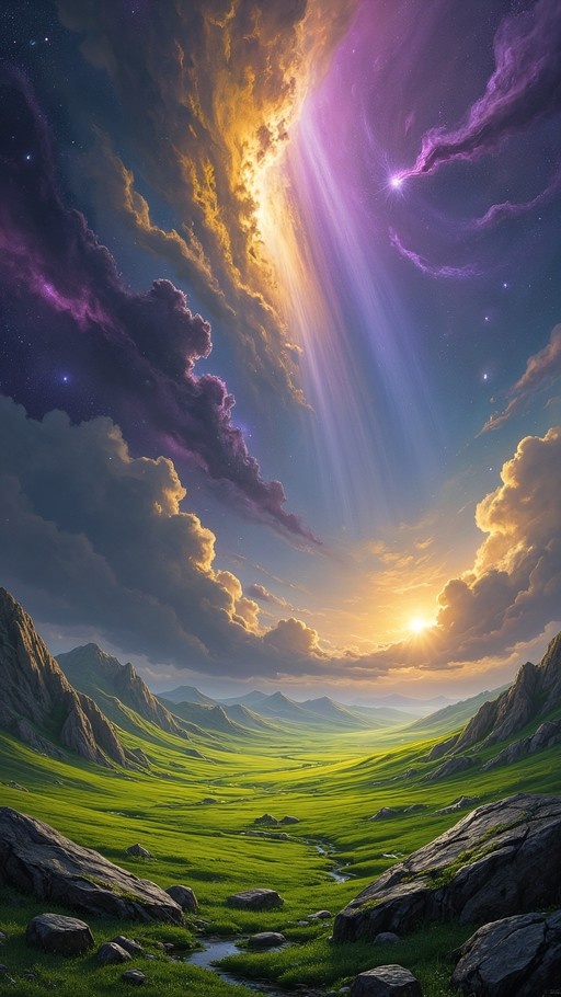 A lush green valley surrounded by rocky mountains under a dramatic starry sky with swirling purple and gold clouds and bright celestial light rays.