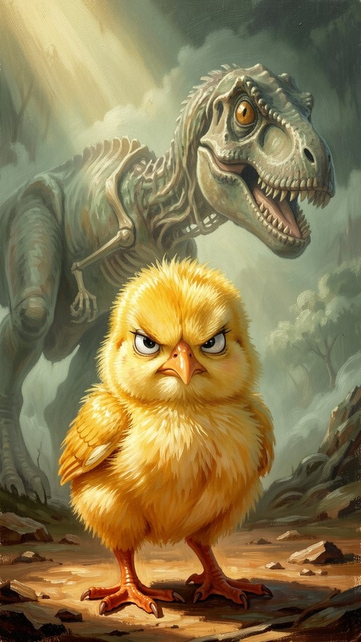 A fluffy yellow chick stands angrily in front of a large T-Rex skeleton with glowing eyes.