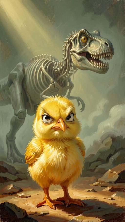 A fluffy yellow chick with a grumpy expression stands in front of a large dinosaur skeleton.