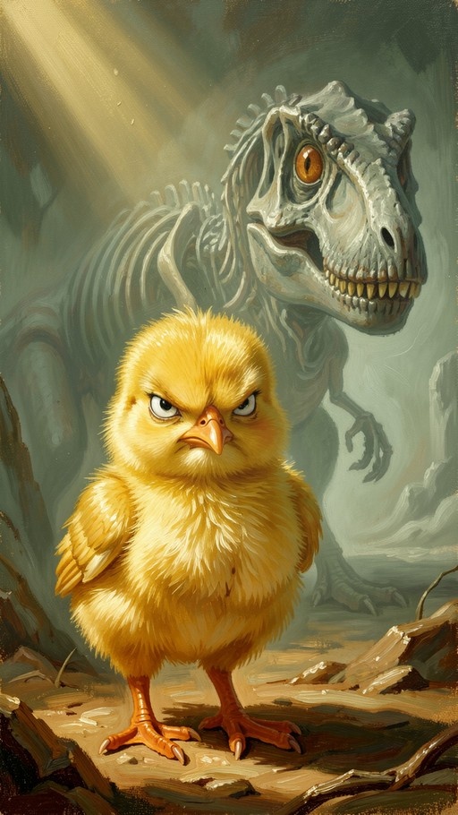 A fluffy yellow chick with an angry expression stands on a rock in front of a large dinosaur skeleton.