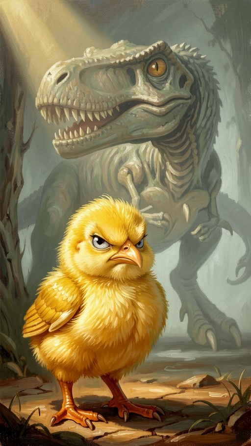 A fluffy yellow chick with an angry expression stands in front of a large dinosaur skeleton in a sunlit forest.