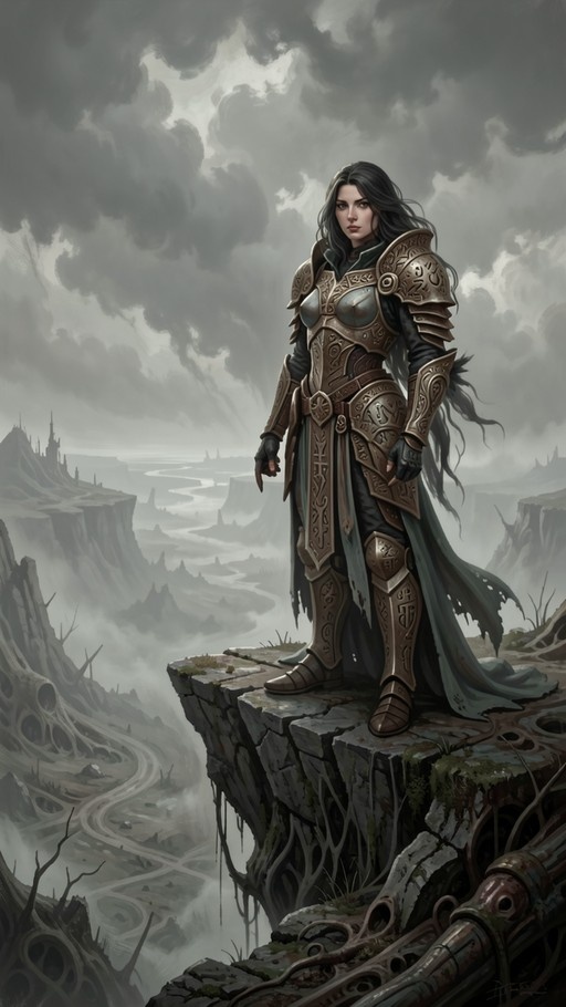 A female warrior in ornate golden armor stands on a rocky cliff edge, looking out over a misty valley with distant ruins under a cloudy sky.