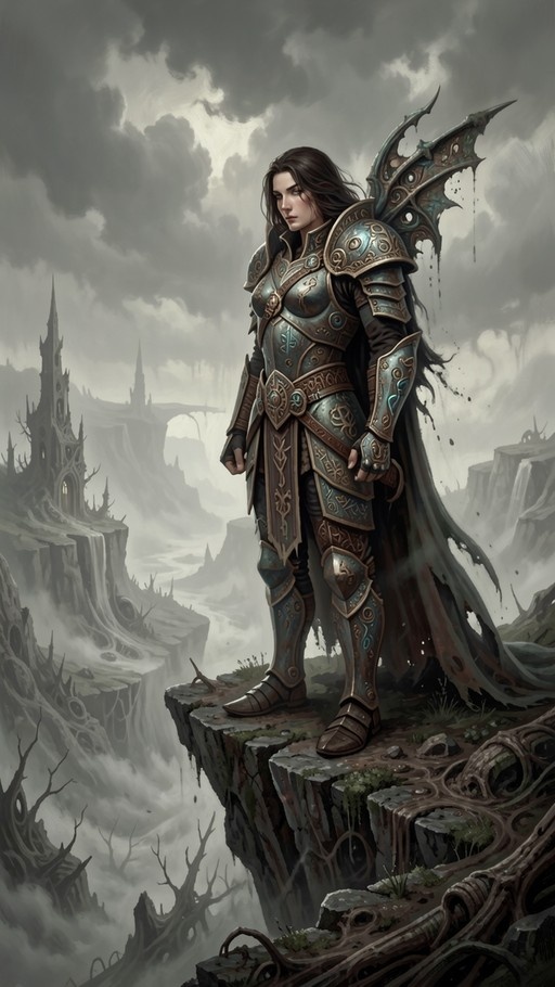 A female knight in detailed blue and gold armor with large dark wings stands on a rocky cliff overlooking a misty fantasy landscape with floating castles.