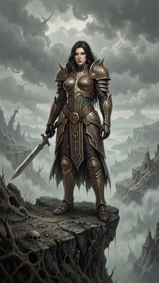 A digital painting of a female fantasy warrior with long black hair wearing ornate gold and dark plate armor, standing on a rocky cliff edge holding a sword against a cloudy sky.