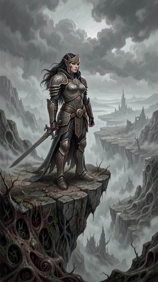 An armored female warrior with pointed ears and long black hair stands on a cliff edge holding a sword, overlooking a misty fantasy landscape with distant spires.