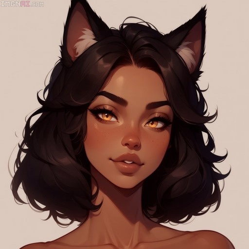 A digital illustration of a dark-skinned woman with black hair and cat ears looking at the viewer.