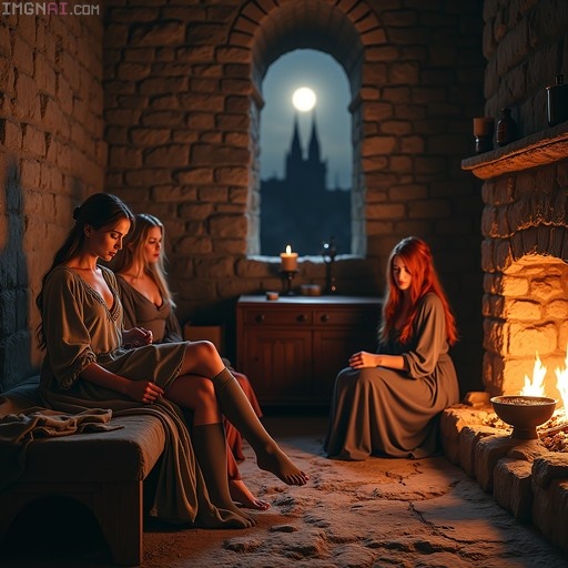 Three women in period clothing sit inside a rustic stone chamber; one rests by a warm hearth while others gather near a bed, with a view of the moonlit cathedral spires through an arched window.
