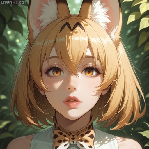 A digital portrait of Serval from Kemono Friends with blonde hair and large serval ears, wearing a spotted bowtie in a sunlit forest.