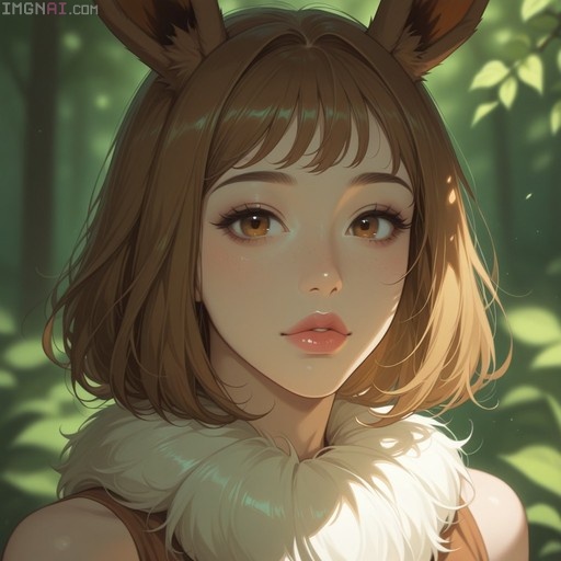 Close-up portrait of a young woman with brown hair and fluffy rabbit ears wearing a white fur collar in a sunlit forest.