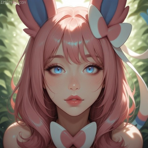 Close-up portrait of a Sylveon humanization with long pink hair, bright blue eyes, and ribbon-like ears wearing a white bow tie.