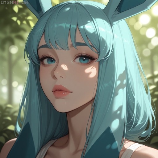 Portrait of a Glaceon personification with long light blue hair and large ears in a sunlit forest.