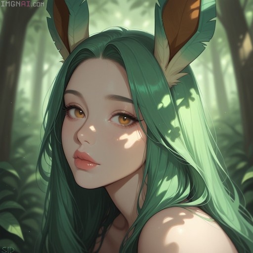 Close-up of a green-haired fantasy girl with large animal ears looking at the camera in a sunny forest.