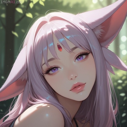 Close-up portrait of a young woman with large fox ears and long light purple hair, looking at the viewer with purple eyes and a red gem on her forehead against a blurred sunlit forest background.