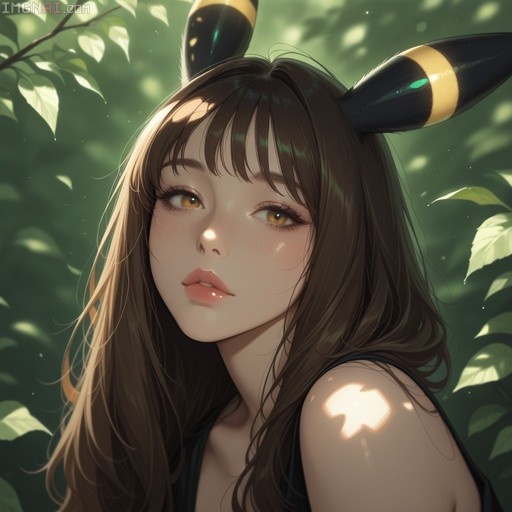 A young woman with long brown hair and amber eyes wearing large black Umbreon ears with yellow bands, standing in a sunlit forest with dappled light on her shoulder.