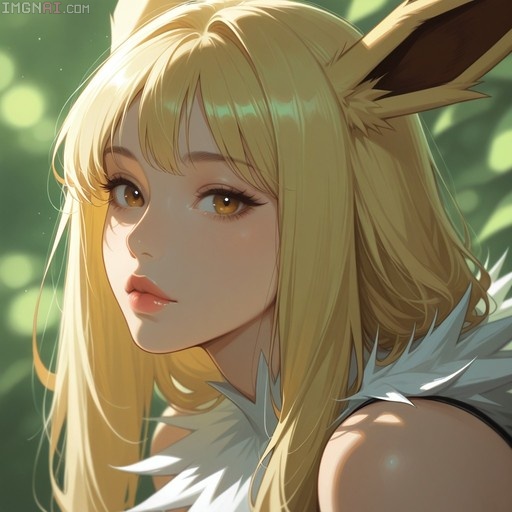 Close-up digital illustration of a blonde anime girl with long hair and brown-tipped animal ears resembling Jolteon, wearing a white spiky fur collar against a blurred green background.
