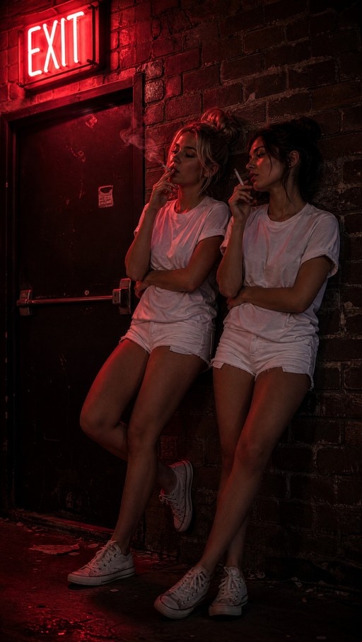 Two young women wearing matching white t-shirts and shorts leaning against a dark brick wall under a glowing red neon exit sign while smoking cigarettes.
