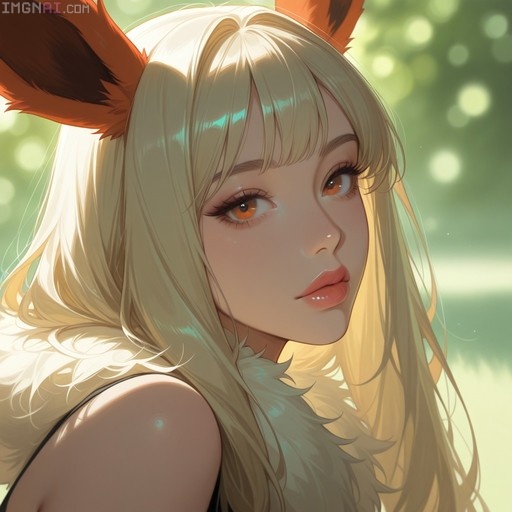 A close-up digital illustration of a young woman with long blonde hair and large fluffy fox ears, looking directly at the viewer with warm orange eyes against a blurred green background.