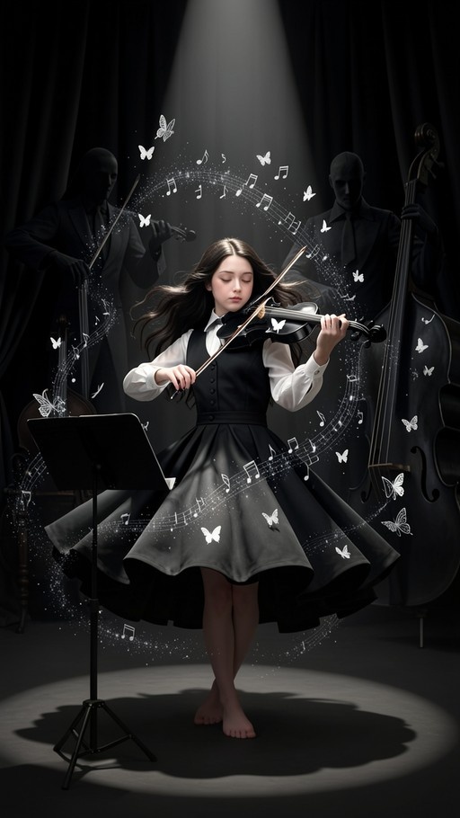 A barefoot girl in a black dress plays the violin under a spotlight while musical notes and white butterflies swirl around her, with shadowy cellists in the background.