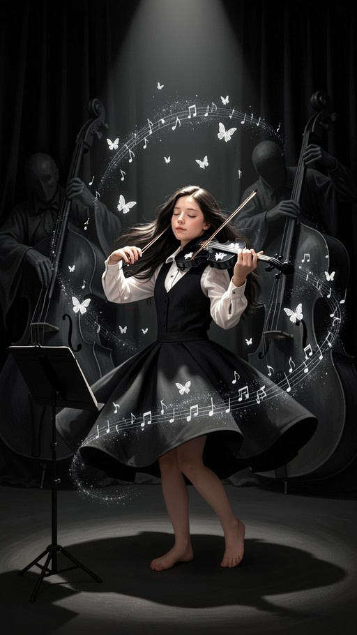 A barefoot young woman in a black dress plays the violin under a spotlight, surrounded by swirling musical notes and white butterflies while shadowy figures play cellos behind her.