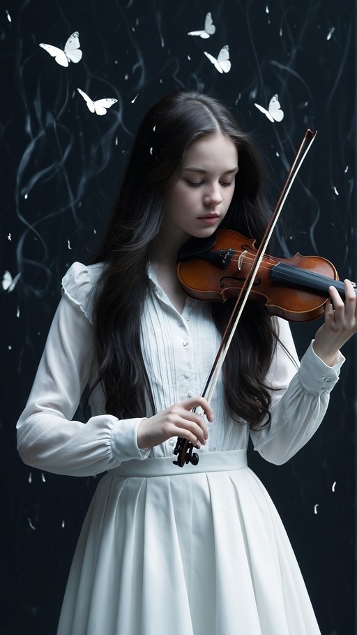 A young woman with long black hair plays the violin with her eyes closed while wearing a white dress against a dark background with floating white butterflies.