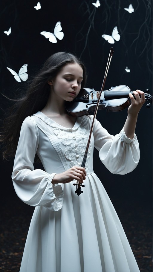 A young woman in a white dress plays the violin with her eyes closed while surrounded by floating white butterflies against a dark background.