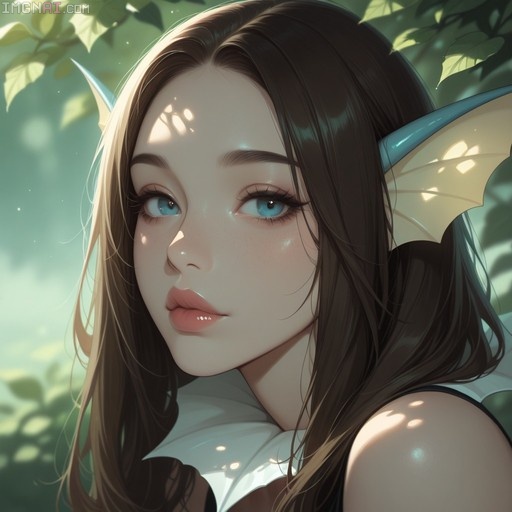A digital portrait of a fantasy girl with long brown hair, blue eyes, and fin-like appendages on her head, standing in dappled sunlight.