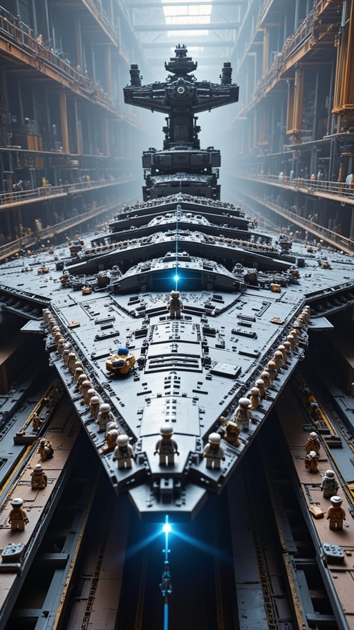 A massive grey sci-fi warship is docked inside a large industrial hangar, with small figures standing on its deck and surrounding walkways. Blue lights glow from the ship's hull in a misty, multi-level setting.