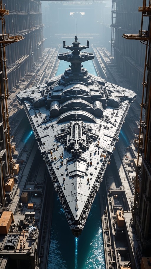 A high-angle pixel art view of a massive triangular starship floating through a narrow industrial canal, surrounded by tall metallic structures and tiny workers on the deck.