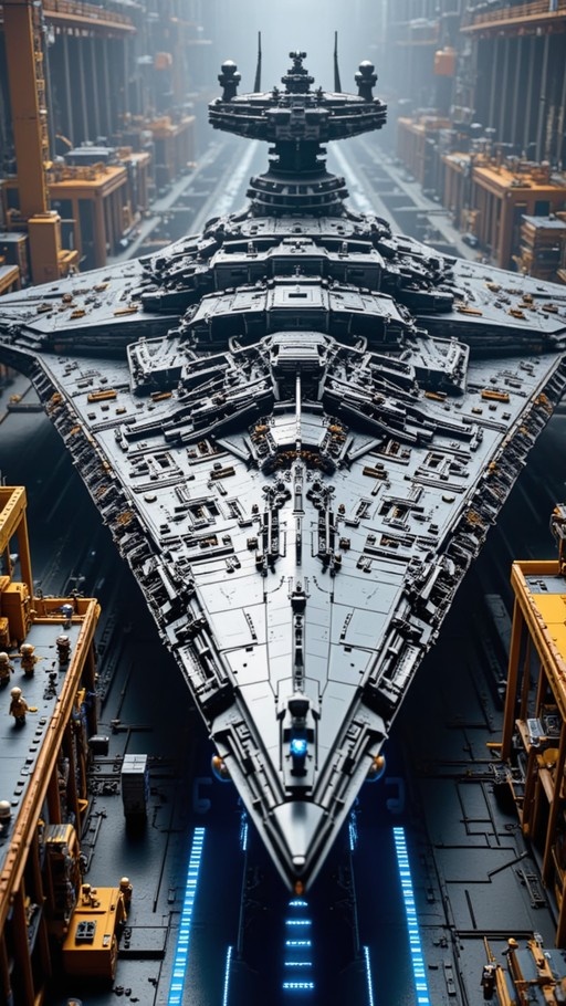 A massive grey sci-fi warship with a wedge-shaped hull is docked in an industrial hangar surrounded by yellow cranes and blue floor lights.