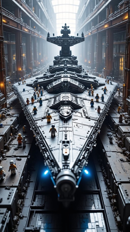 A massive sci-fi warship docked in a large industrial hangar with tiny worker figures on its hull.