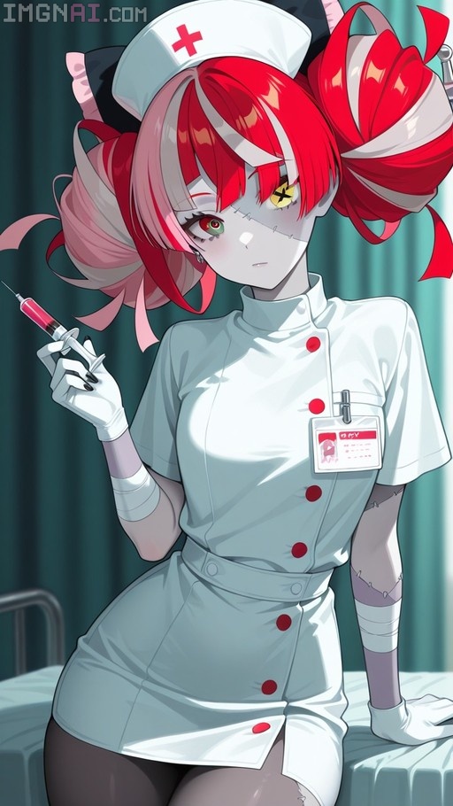 Kureiji Ollie dressed as a zombie nurse with patchwork skin, stitches, and heterochromia holding a syringe.