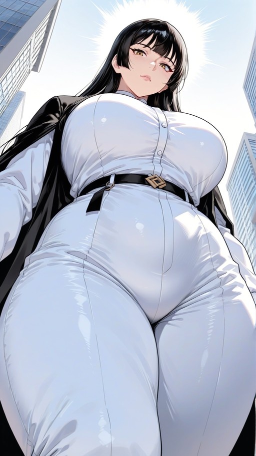 Low angle view of a giantess with long black hair and yellow eyes in a white suit standing among skyscrapers.
