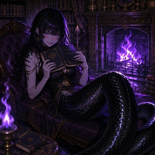 A black-haired lamia with a snake tail sits on a chair reading a book in front of a fireplace with purple flames.